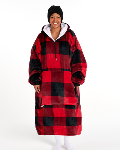 EXTRA LONG ADULTS BLANKET HOODIE - RED PLAID