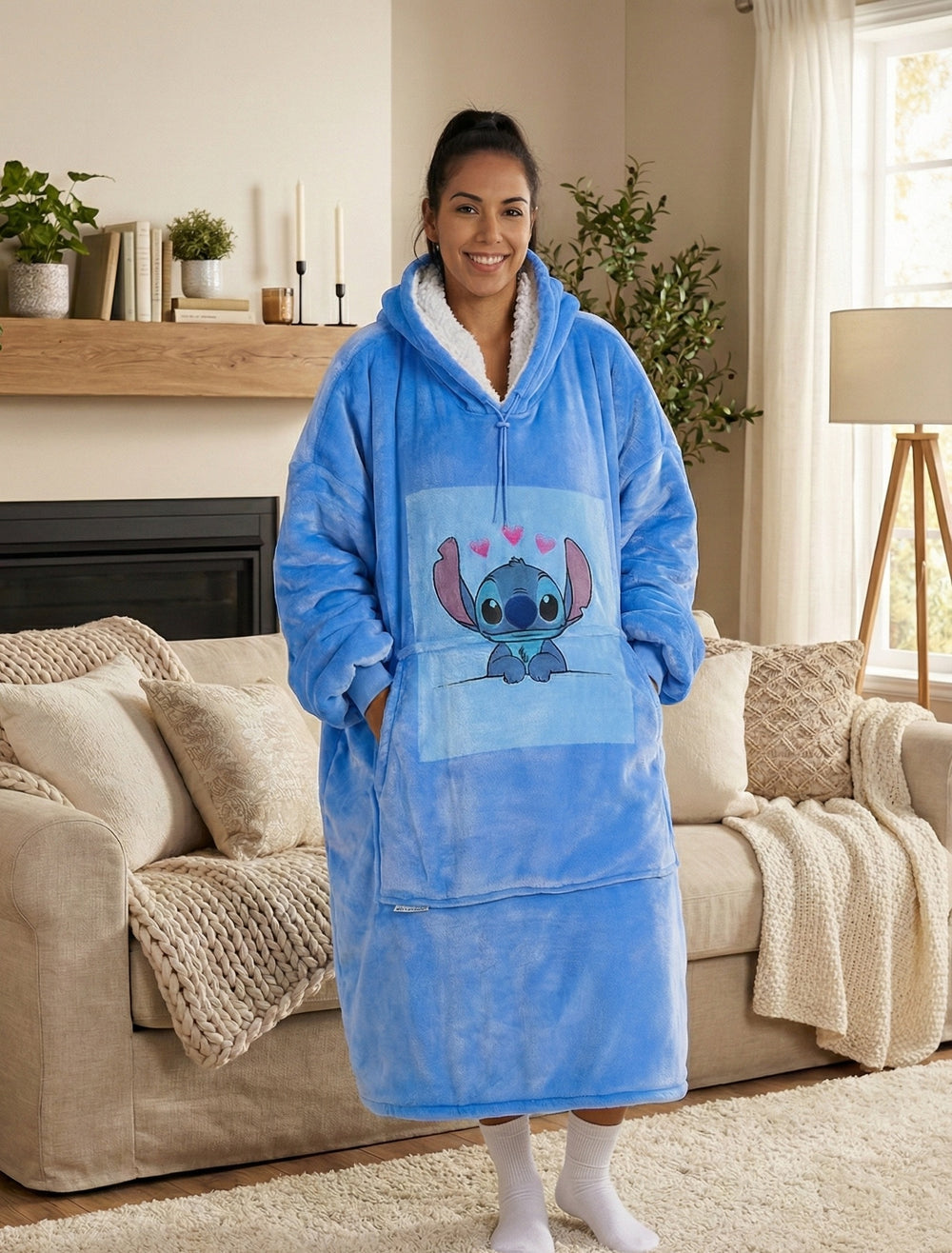 EXTRA LONG ADULTS BLANKET HOODIE - BLUE STITCH LOVE