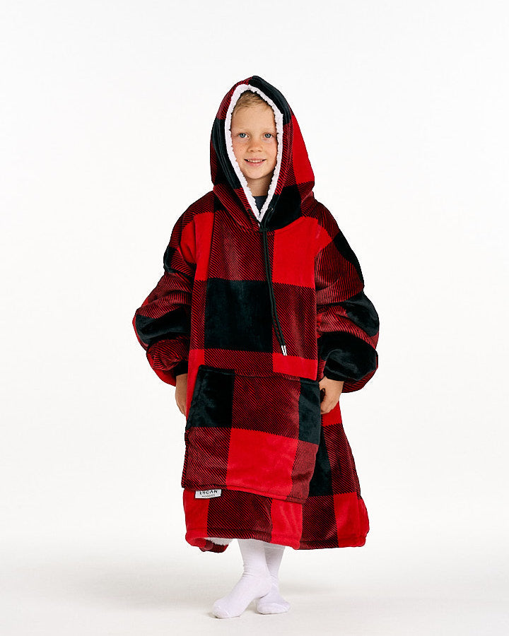 KIDS BLANKET HOODIE - RED PLAID