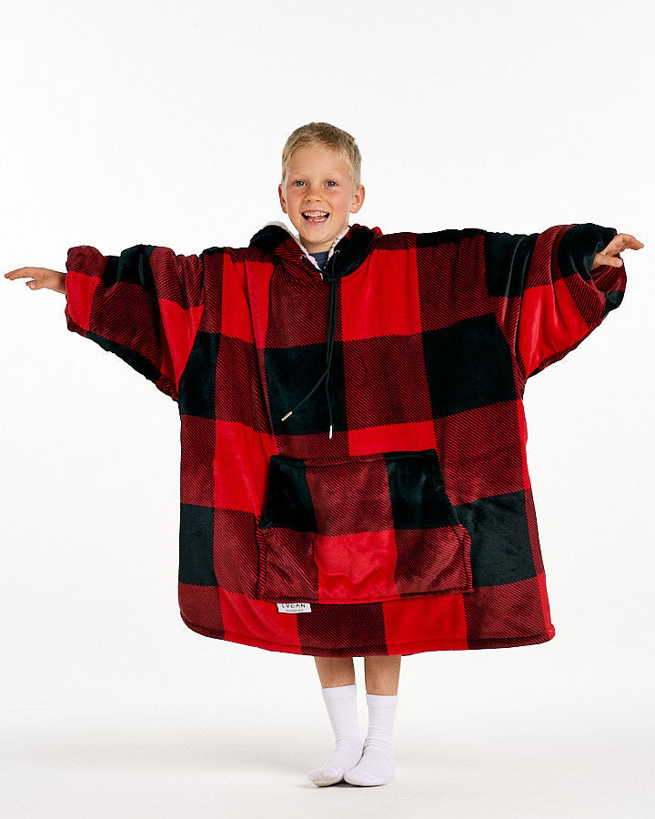 KIDS BLANKET HOODIE - RED PLAID